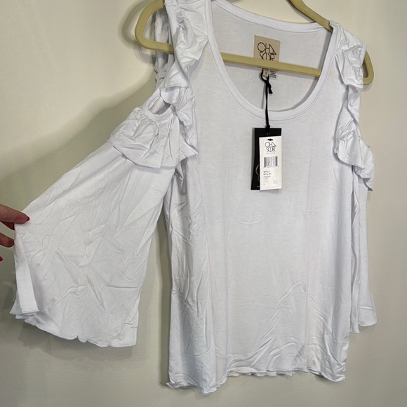 Chaser White Ruffled Cold Shoulder Top NWT - Picture 6 of 7